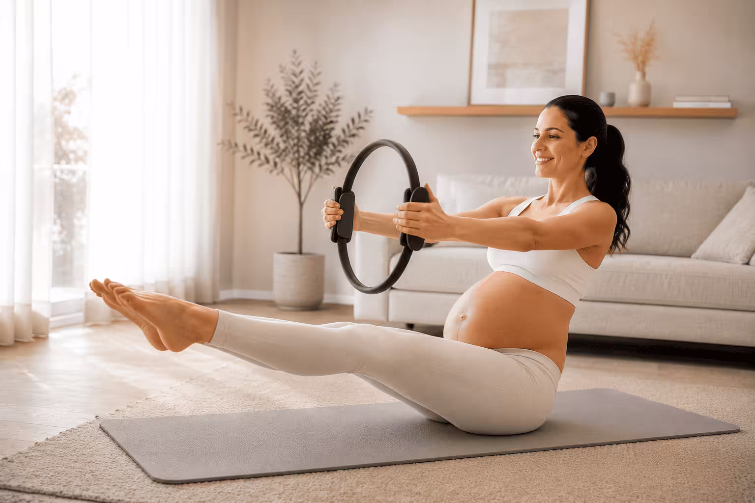 Embarazada practicando pilates prenatal con profesional Promam
